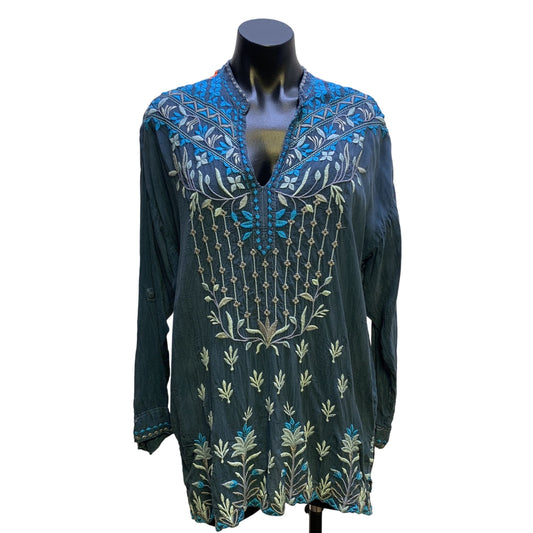 Johnny Was Teal w/Multicolored Embroidery Tunic Blouse Size Small