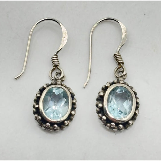 Aquamarine & Sterling Silver 925 Dangle Earrings Oval Shape Hook Backing