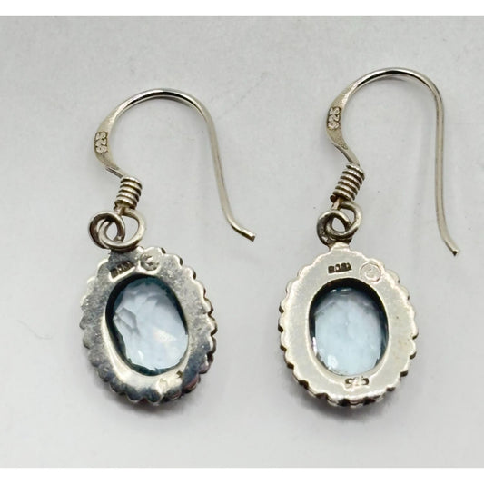 Aquamarine & Sterling Silver 925 Dangle Earrings Oval Shape Hook Backing