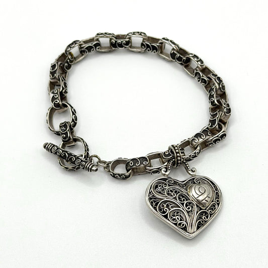 Brighton Treasures 925 Sterling Silver Filigree Heart Toggle Bracelet