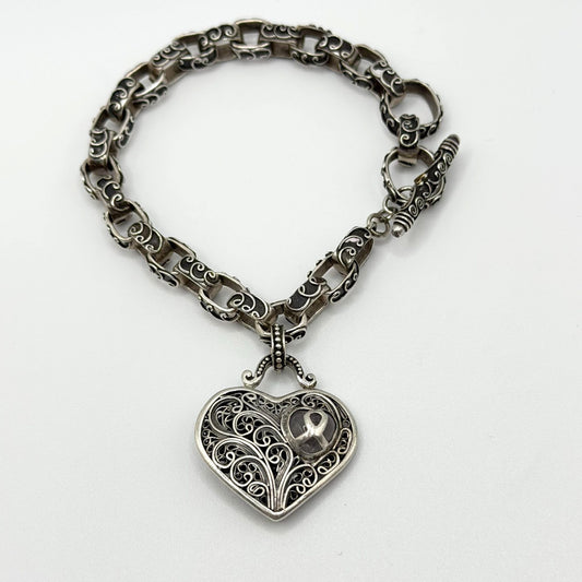 Brighton Treasures 925 Sterling Silver Filigree Heart Toggle Bracelet