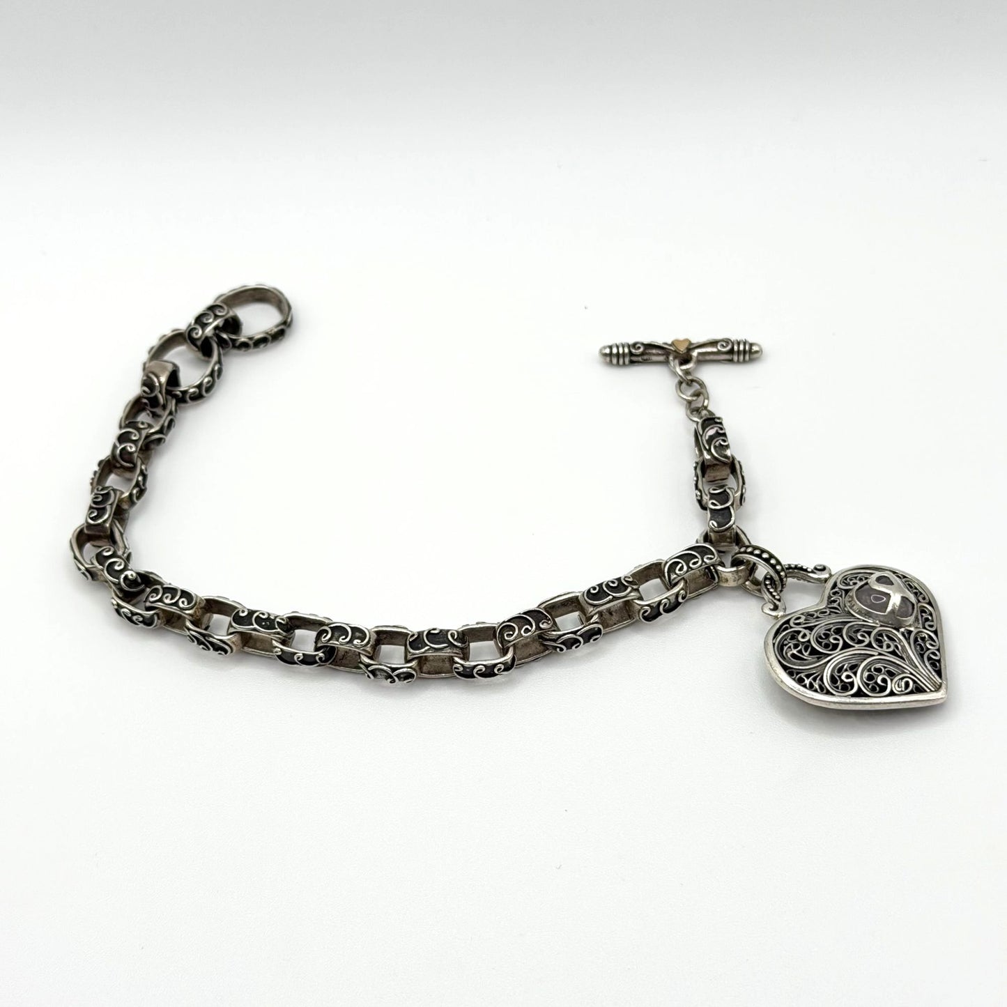 Brighton Treasures 925 Sterling Silver Filigree Heart Toggle Bracelet