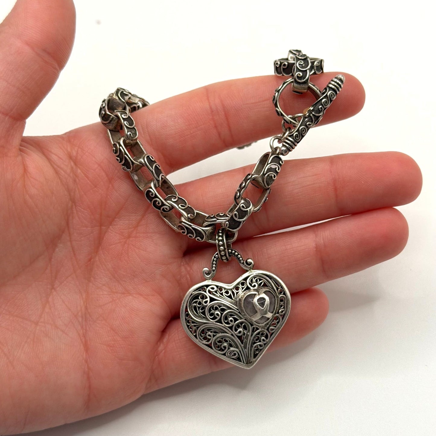Brighton Treasures 925 Sterling Silver Filigree Heart Toggle Bracelet