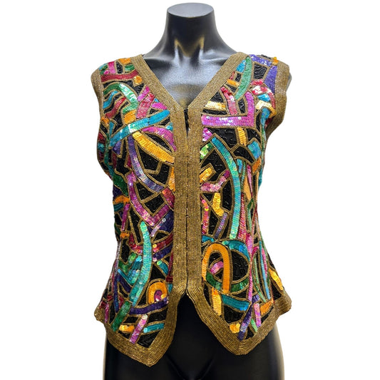Lawrence Kazar Vintage Sequined Silk Vest Multi-Color L