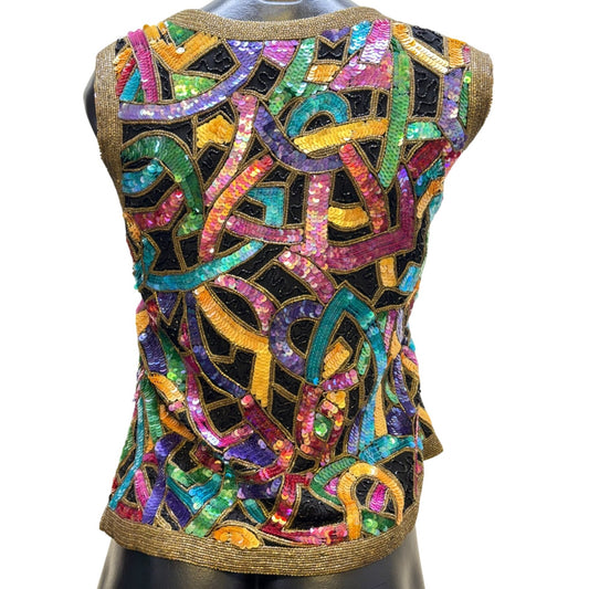 Lawrence Kazar Vintage Sequined Silk Vest Multi-Color L