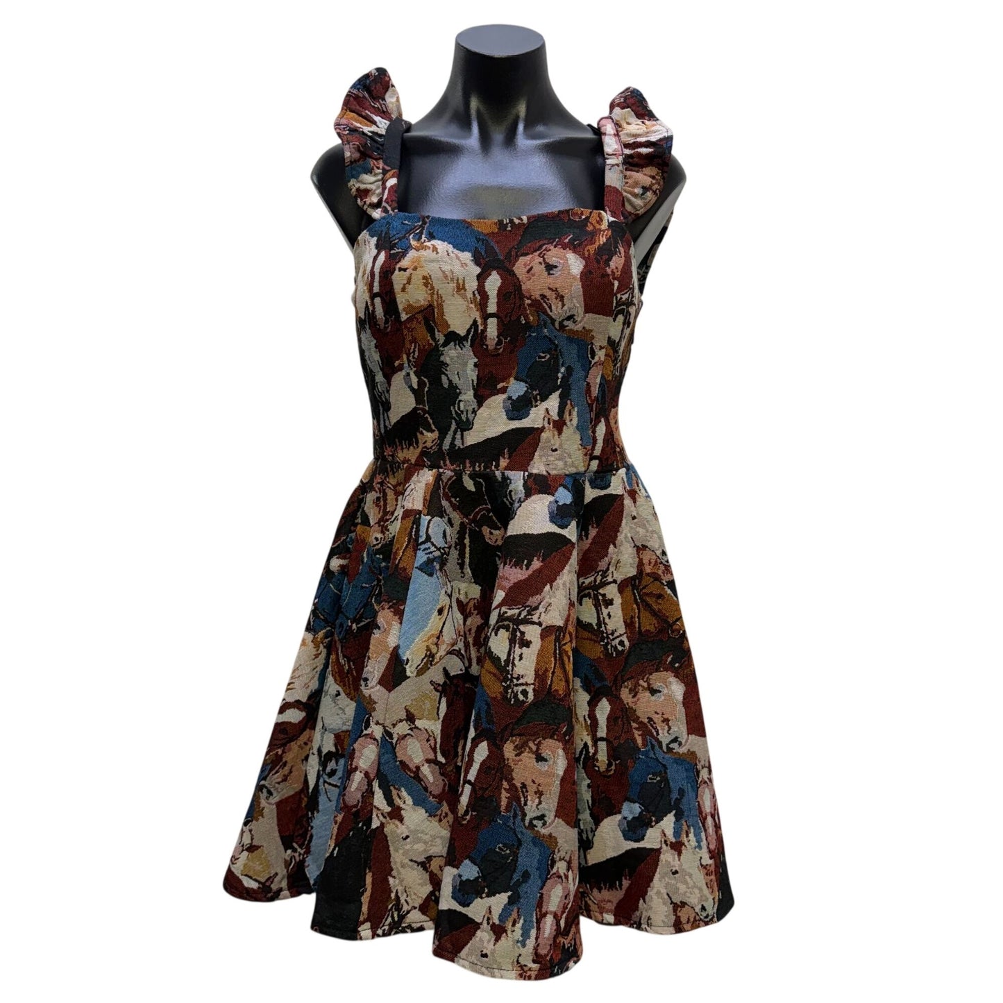 Lucky & Blessed Brown & Blue Horse Print Sleeveless Dress M