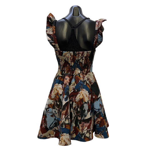 Lucky & Blessed Brown & Blue Horse Print Sleeveless Dress M