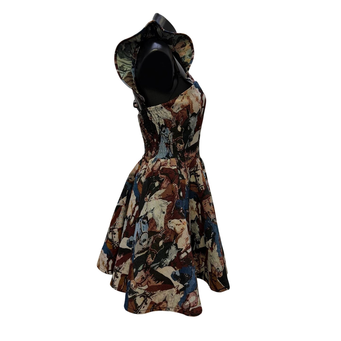 Lucky & Blessed Brown & Blue Horse Print Sleeveless Dress M