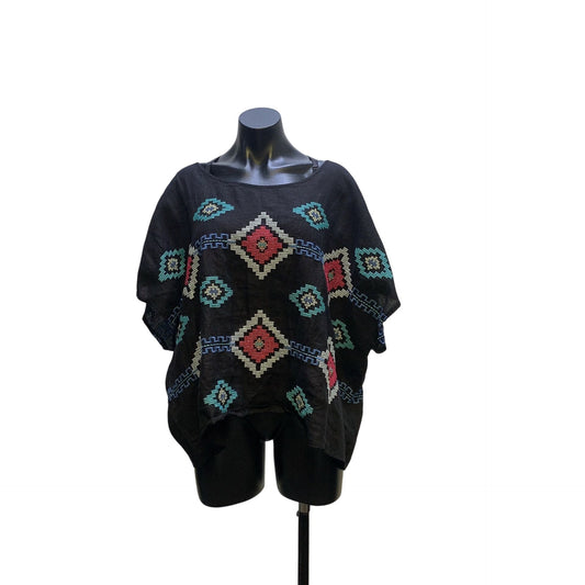 JW Los Angeles Boho Black Linen Blouse w/Colorful Geometric Embroidery Size L
