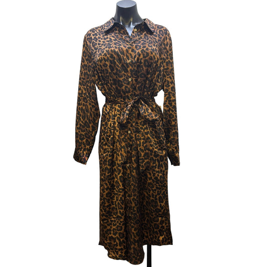 NWT Talbots Animal Print Brown Dress With Belt Button Down Leopard Midi Long Sleeve 14 Petite