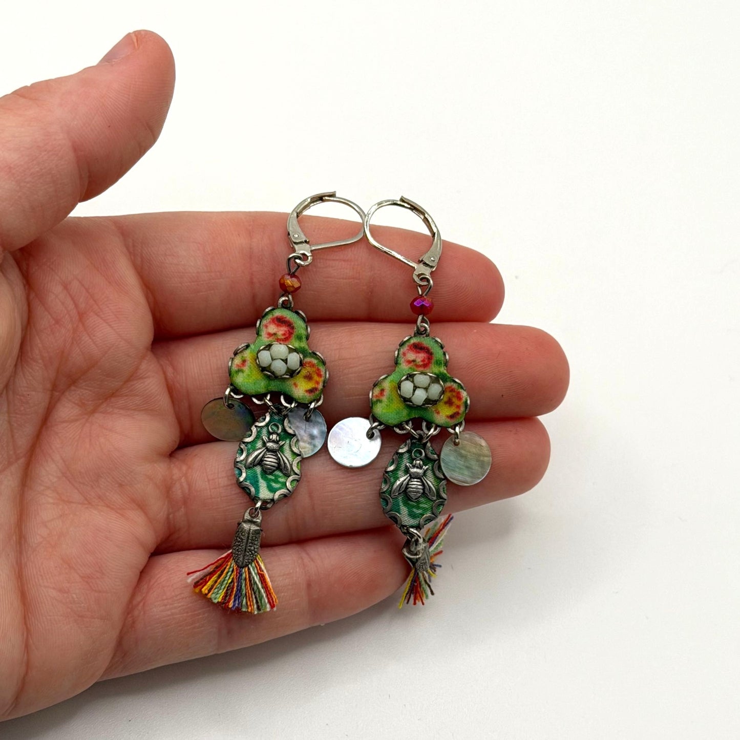 Ayla Bar Multicolor Floral Tassel Dangle Silver-Tone Earrings