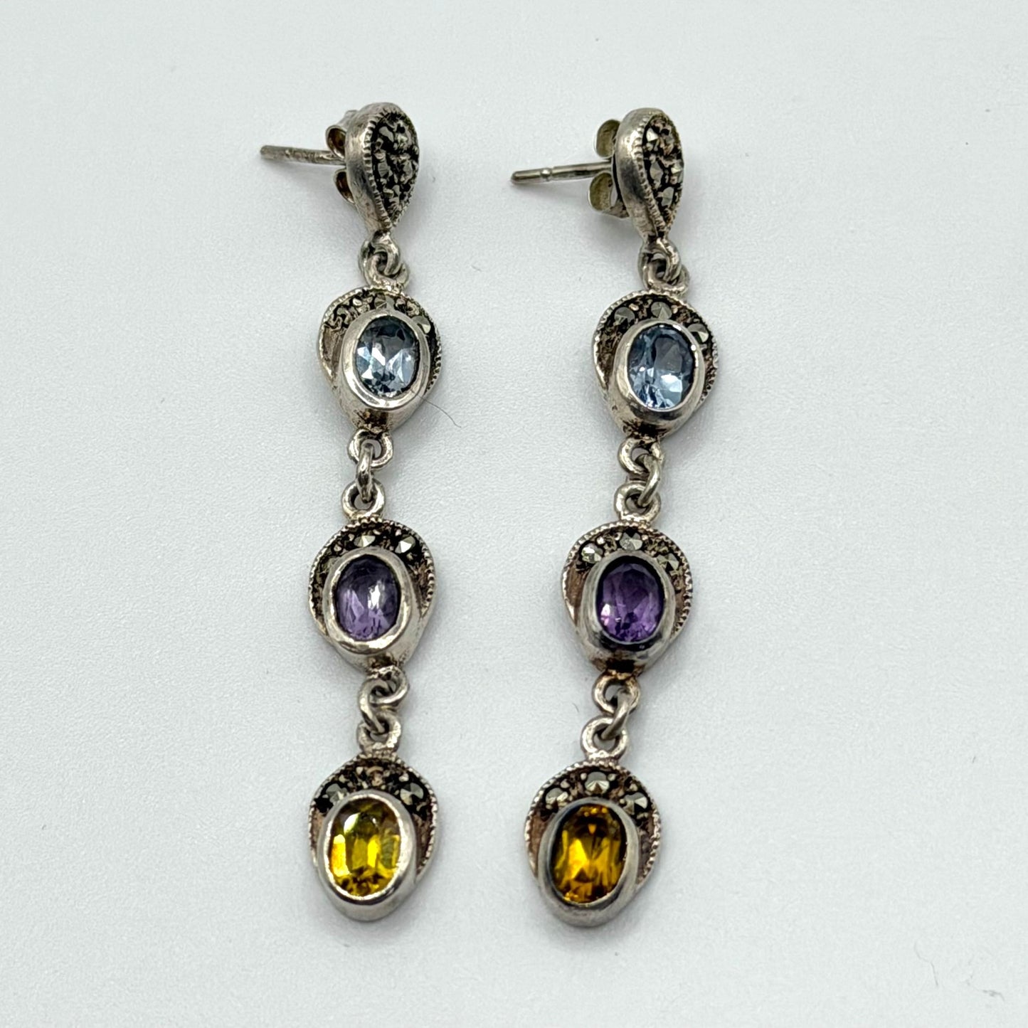 Sterling Silver 925 Multi-Gemstone Dangle Earrings