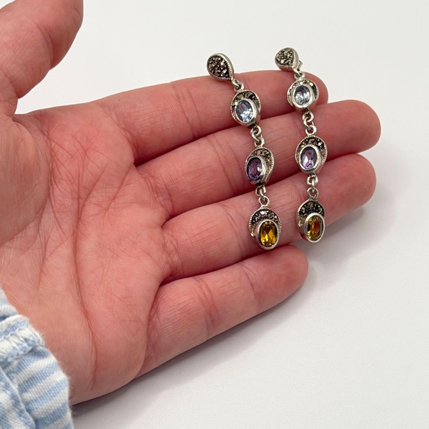 Sterling Silver 925 Multi-Gemstone Dangle Earrings
