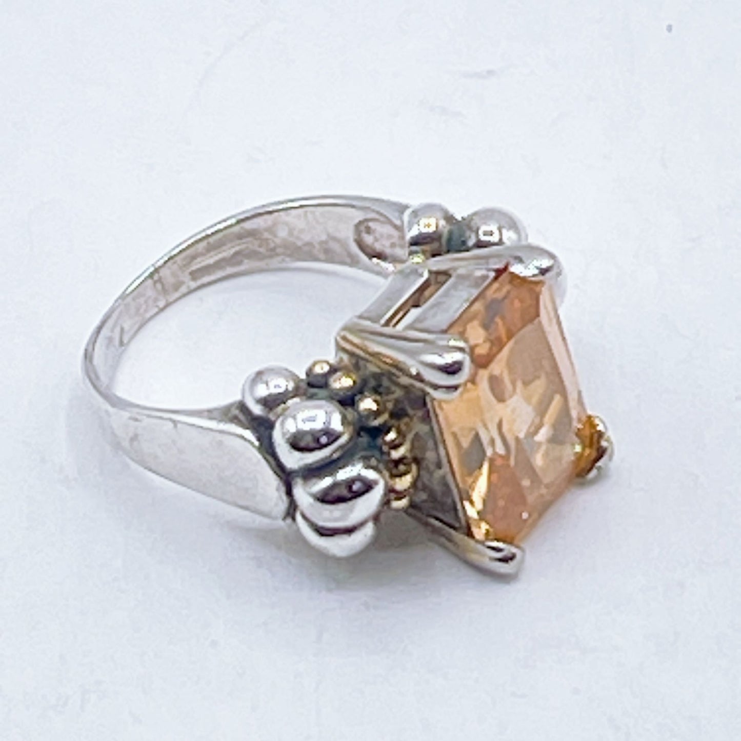 Sterling Silver & Gold Tone Ring With Large Rectangular Citrine-Like Stone Sz 7.5