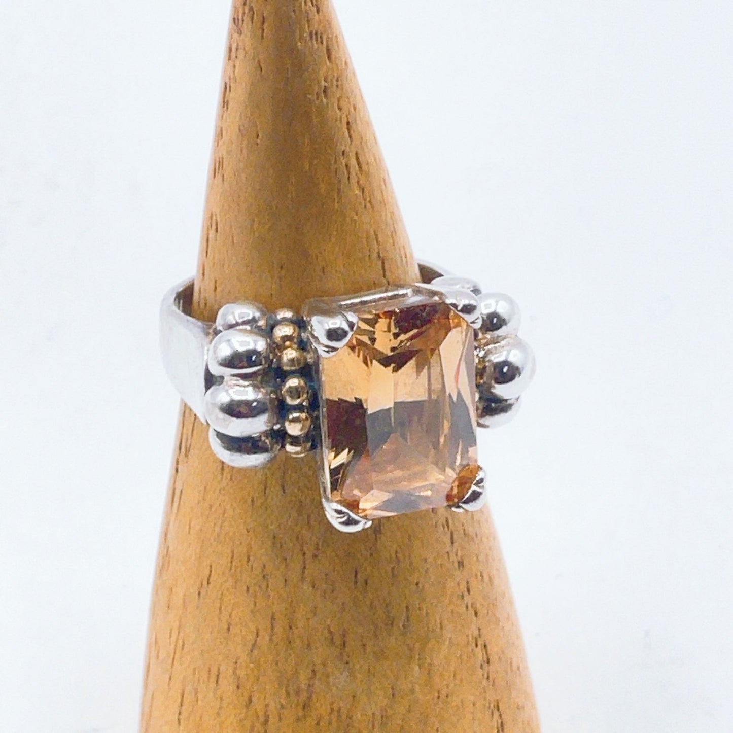 Sterling Silver & Gold Tone Ring With Large Rectangular Citrine-Like Stone Sz 7.5