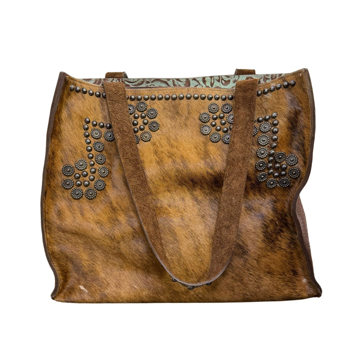 Arohoe Hair-On Tote Bag With Embossed Floral Leather & Stud Accents Turquoise & Brown