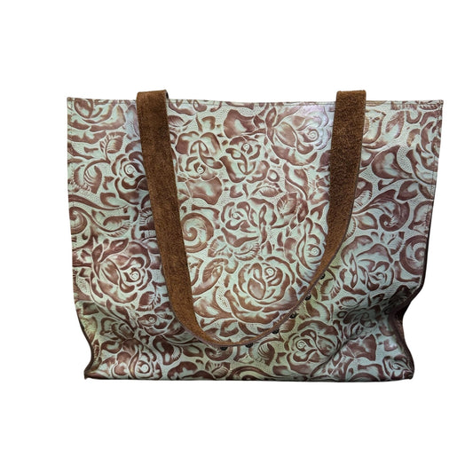 Arohoe Hair-On Tote Bag With Embossed Floral Leather & Stud Accents Turquoise & Brown