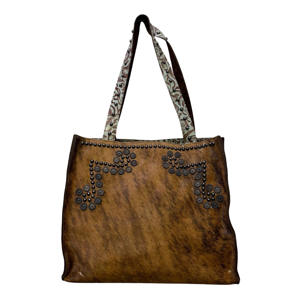 Arohoe Hair-On Tote Bag With Embossed Floral Leather & Stud Accents Turquoise & Brown
