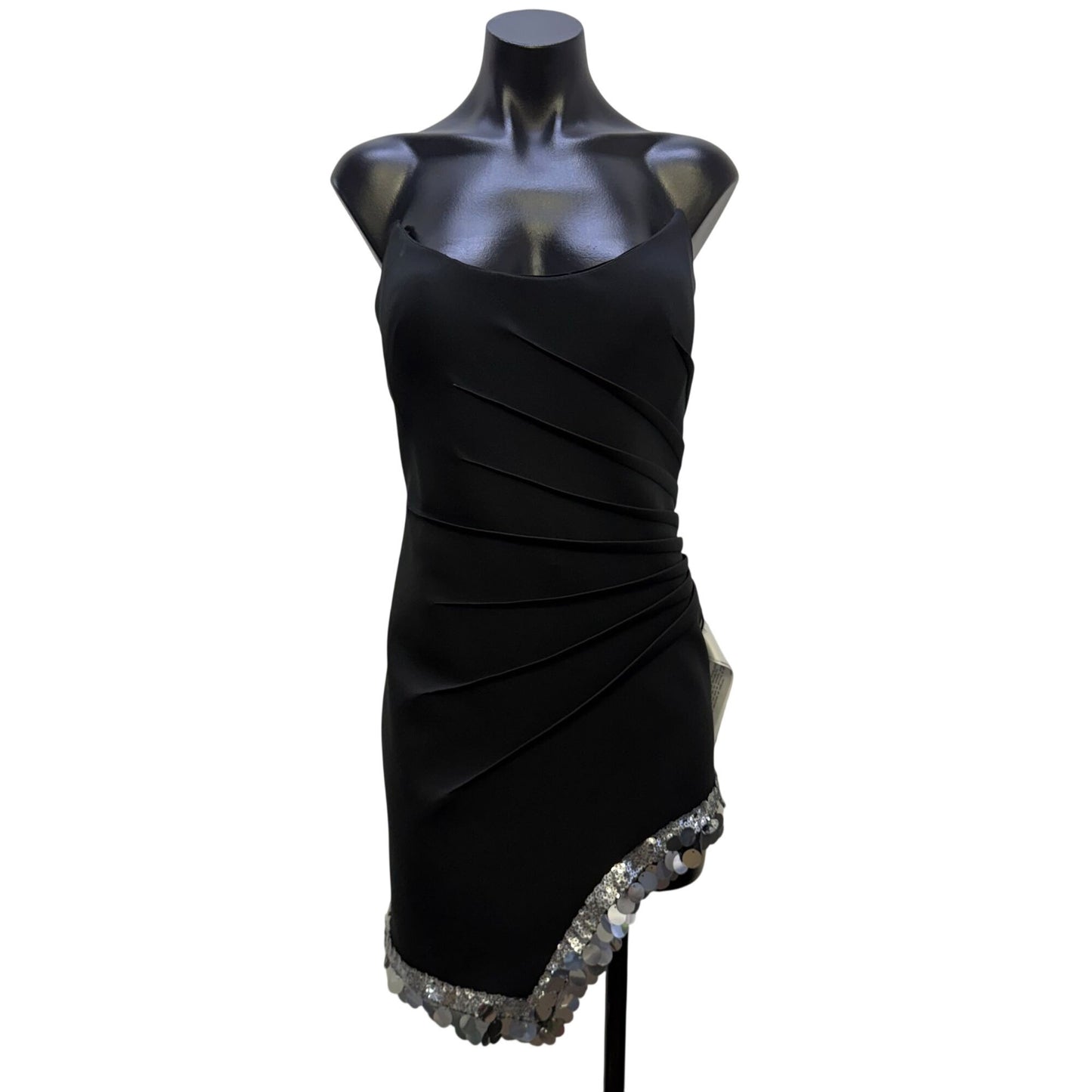 NWT Sho Strapless Black Mini Dress With Ruched Detail & Sequin Hemline Size L