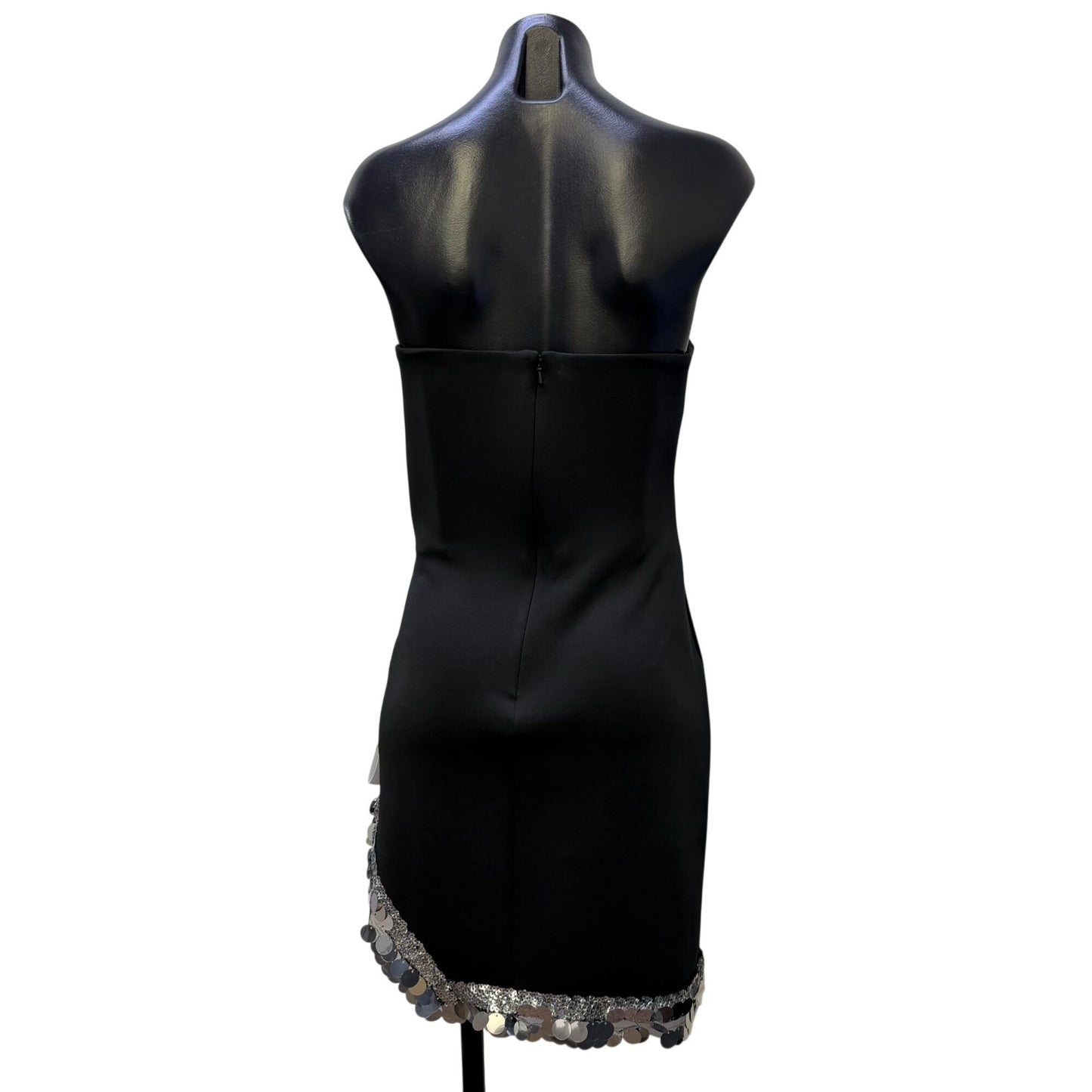 NWT Sho Strapless Black Mini Dress With Ruched Detail & Sequin Hemline Size L