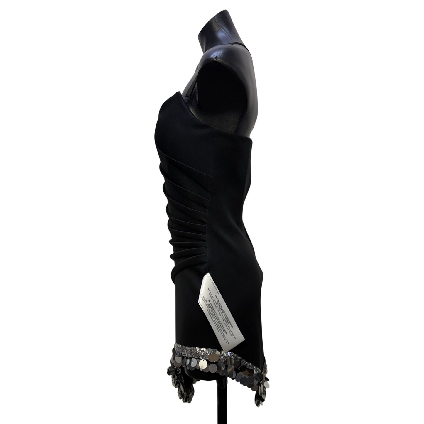 NWT Sho Strapless Black Mini Dress With Ruched Detail & Sequin Hemline Size L
