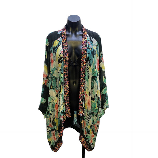 Johnny Was Floral Kimono Jacket w/Embroidered Trim Size M