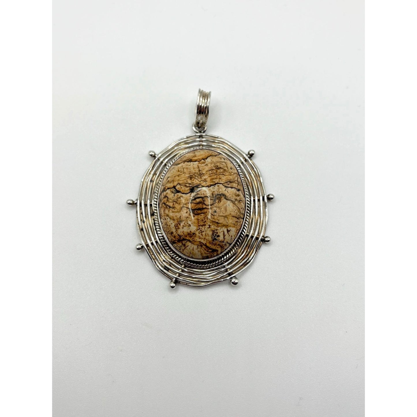 Vintage BA Indonesia 925 Woven Sterling Silver Jasper Stone Oval Statement Pendant