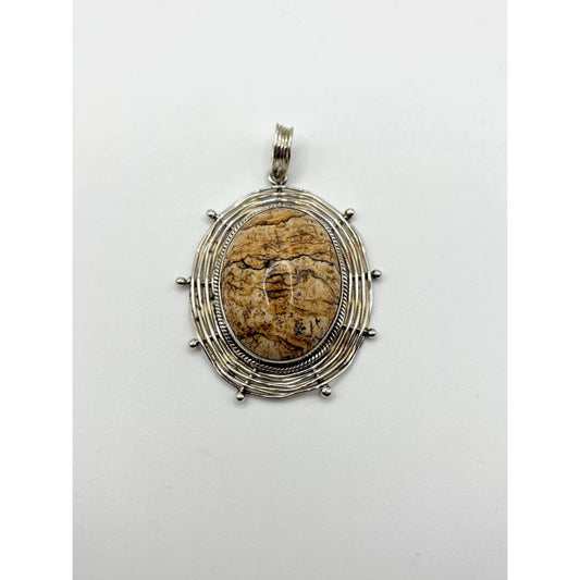 Vintage BA Indonesia 925 Woven Sterling Silver Jasper Stone Oval Statement Pendant