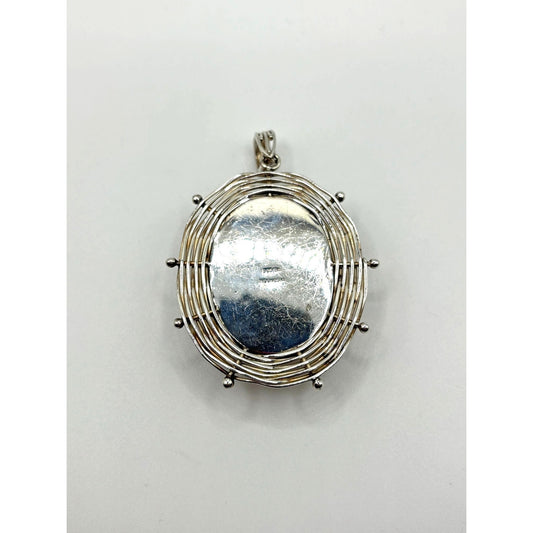 Vintage BA Indonesia 925 Woven Sterling Silver Jasper Stone Oval Statement Pendant