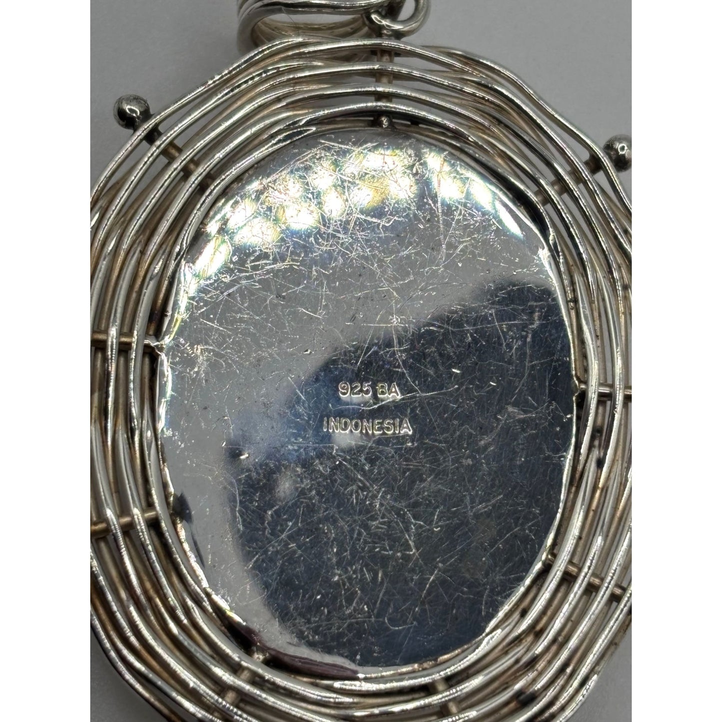 Vintage BA Indonesia 925 Woven Sterling Silver Jasper Stone Oval Statement Pendant