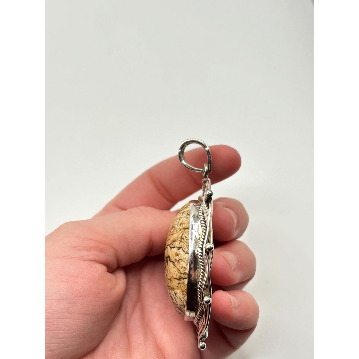 Vintage BA Indonesia 925 Woven Sterling Silver Jasper Stone Oval Statement Pendant