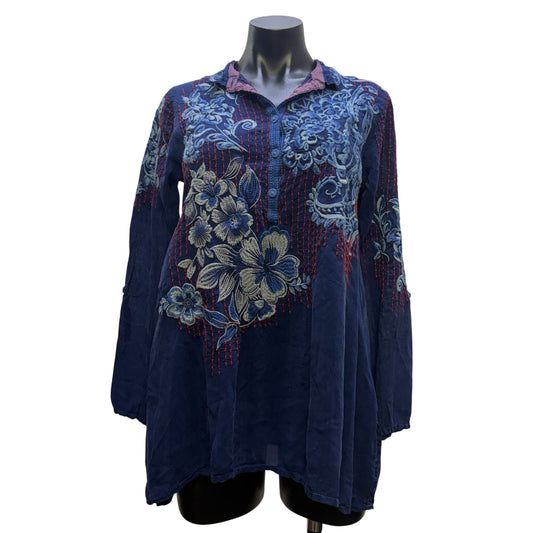 Johnny Was Blue Embroidered Floral Tunic Blouse With Red Accents XS
