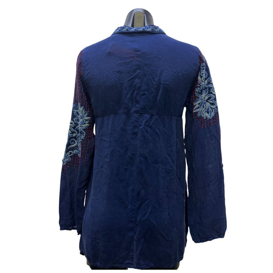 Johnny Was Blue Embroidered Floral Tunic Blouse With Red Accents XS