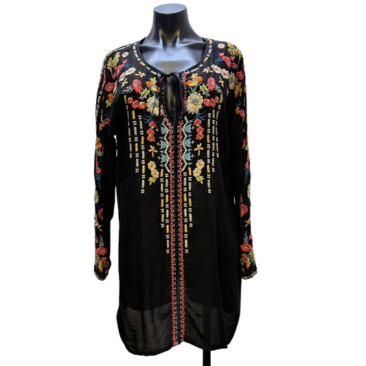 Johnny Was Black Silk Embroidered Blouse With Floral Details M