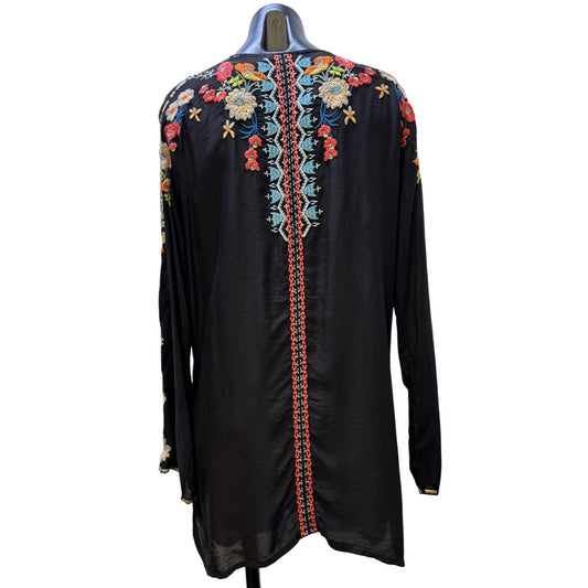 Johnny Was Black Silk Embroidered Blouse With Floral Details M
