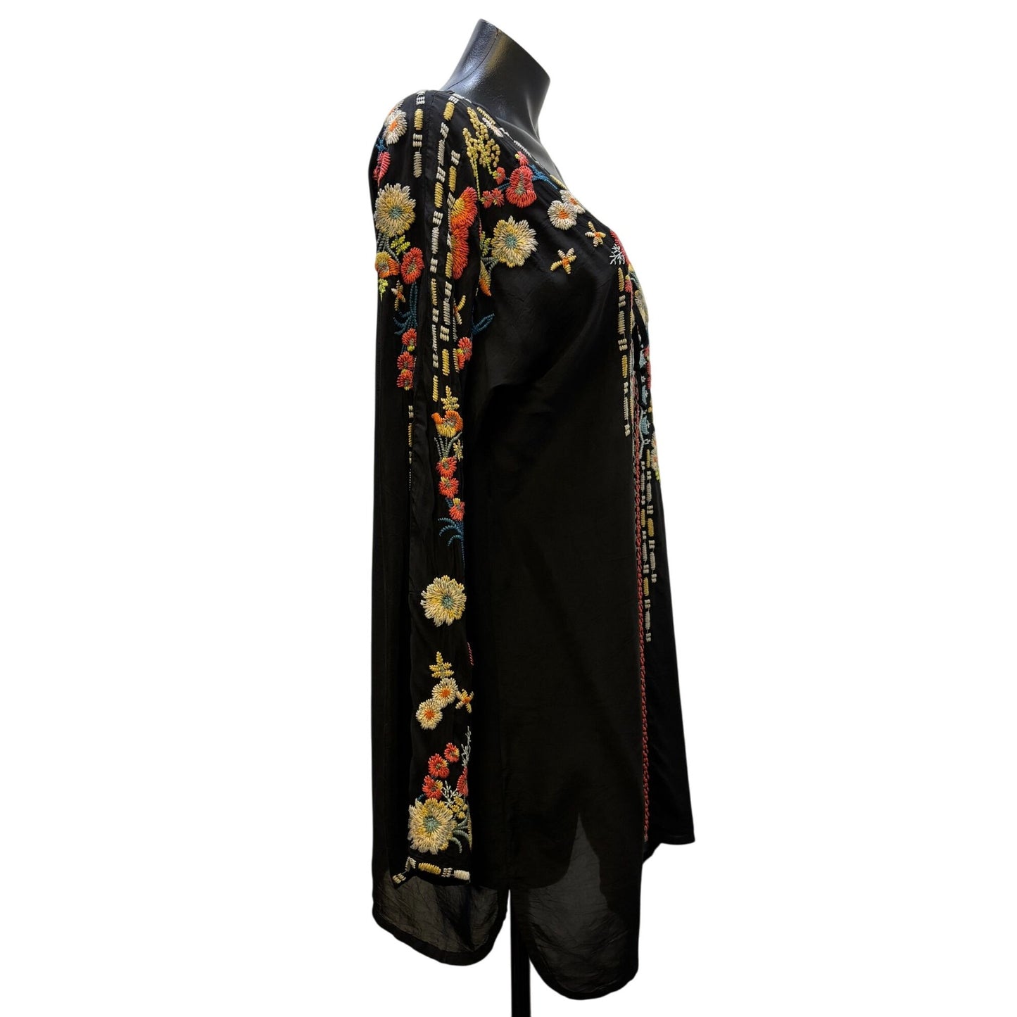 Johnny Was Black Silk Embroidered Blouse With Floral Details M