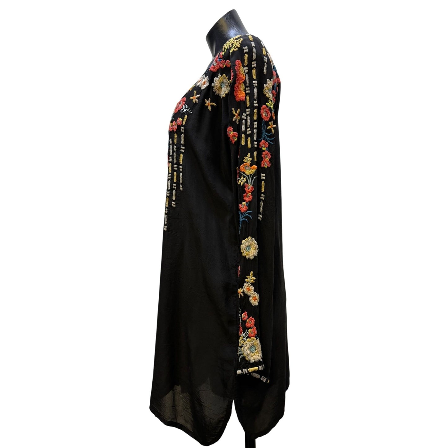 Johnny Was Black Silk Embroidered Blouse With Floral Details M