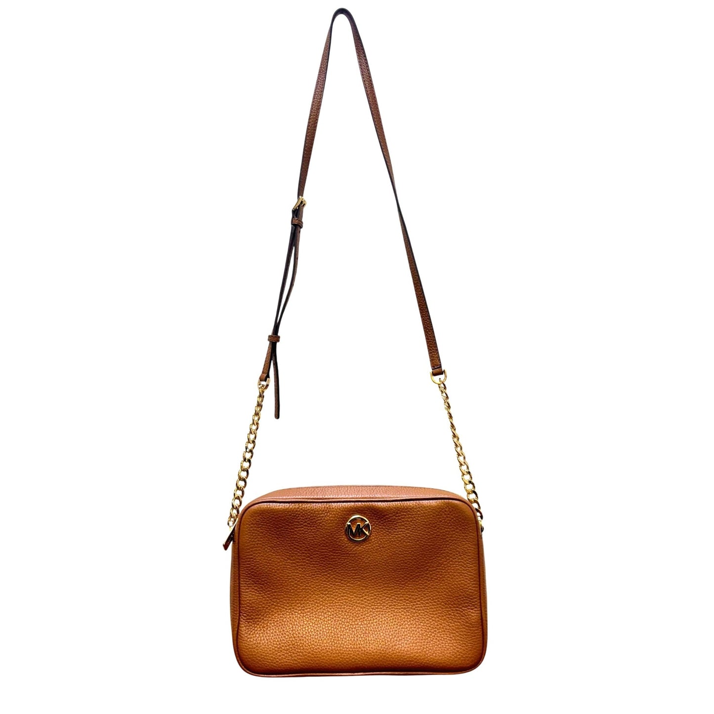 Michael Kors Brown Pebbled Leather Crossbody Bag With Gold Chain Straps