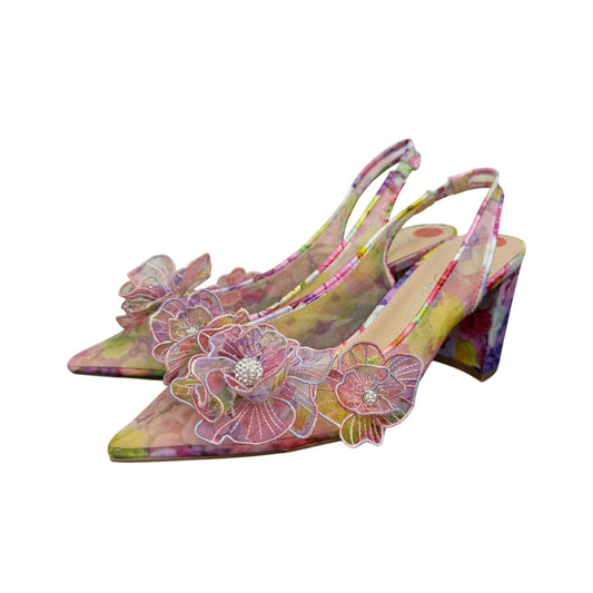 Betsey Johnson Floral Slingback Heels With Flowers & Block Heel Multi-Color 6.5
