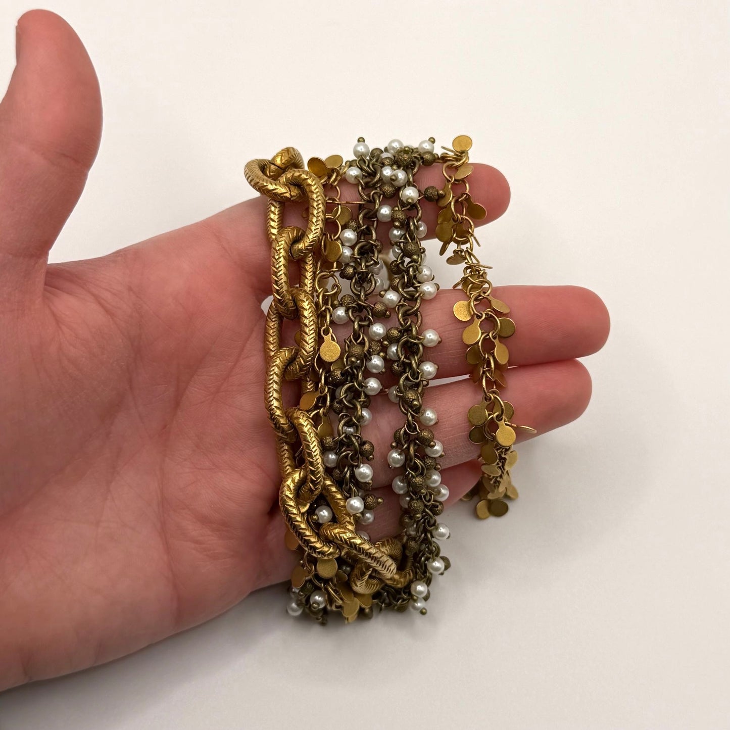 Catherine Popesco Gold Plated Multi Chain Gold & Pearl Intertwined Bracelet