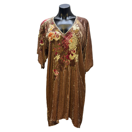 Johnny Was Embroidered Velvet Brown Dress With Rose Floral Design M