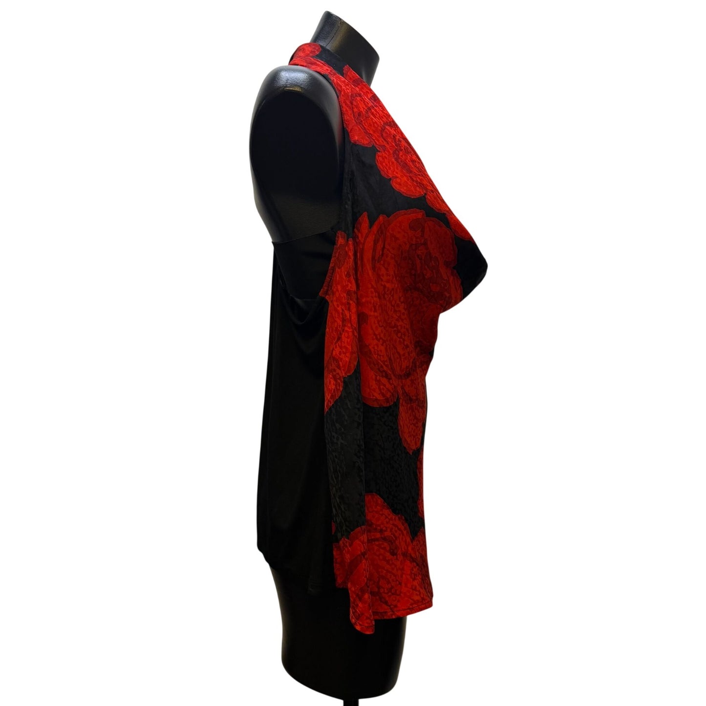 Trina Turk Silk Blend Cowl Neck Sleeveless Blouse Red & Black Floral XL