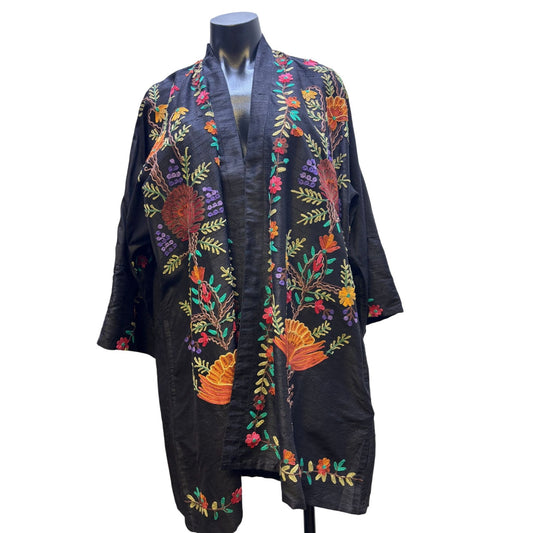 NWT Black Floral Embroidered Open Front Long Cardigan L