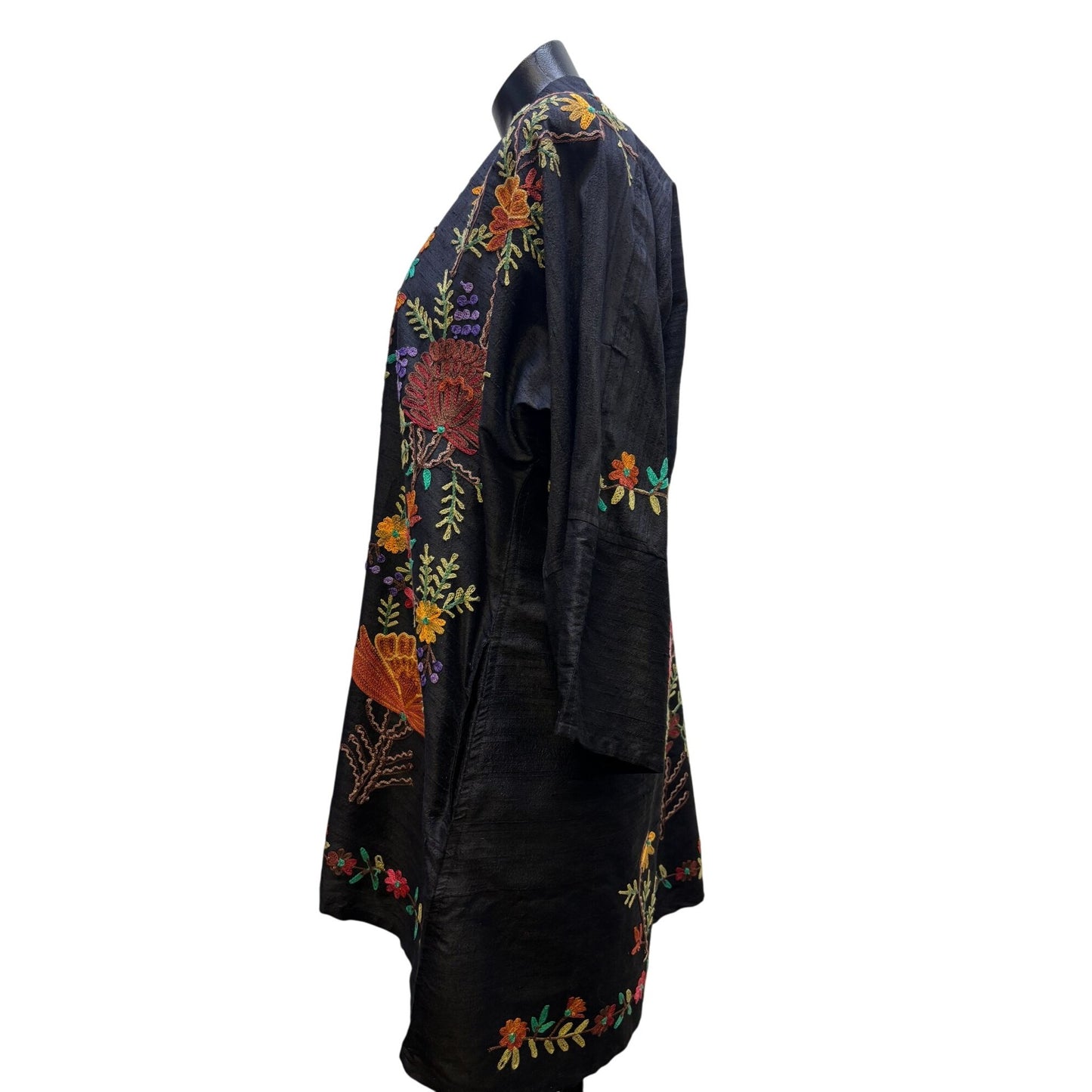 NWT Black Floral Embroidered Open Front Long Cardigan L