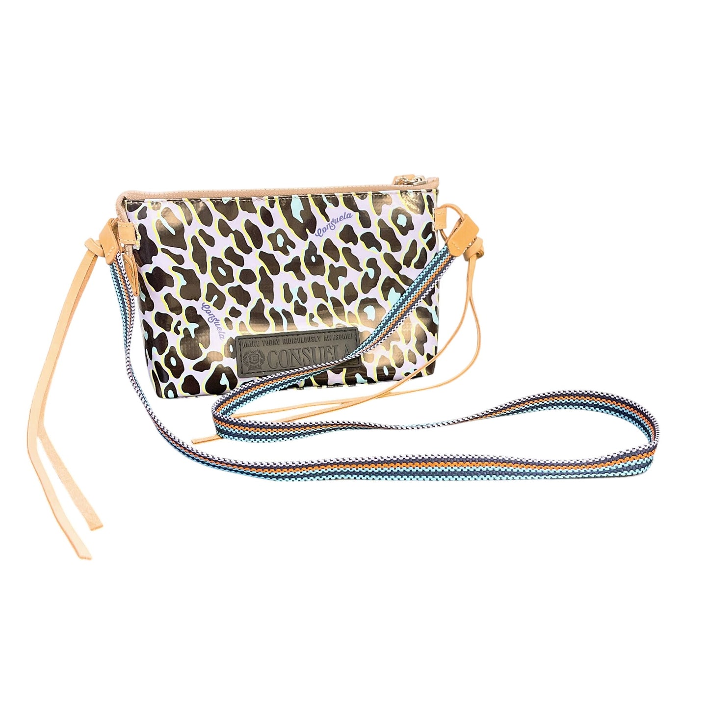 Consuela Retro Leopard Print Wristlet Crossbody Bag Leather Straps