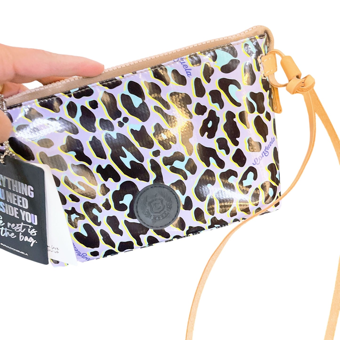 Consuela Retro Leopard Print Wristlet Crossbody Bag Leather Straps