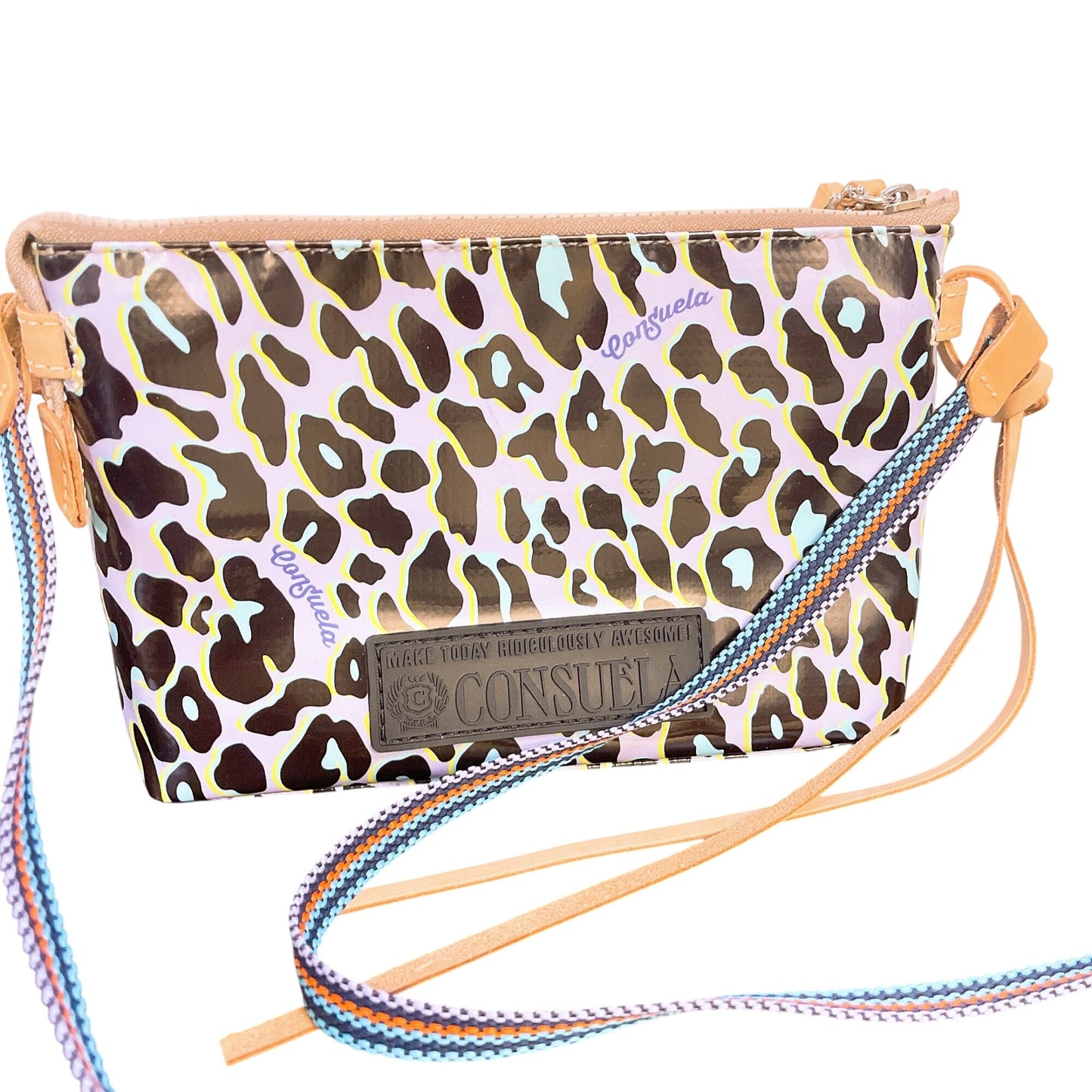 Consuela Retro Leopard Print Wristlet Crossbody Bag Leather Straps