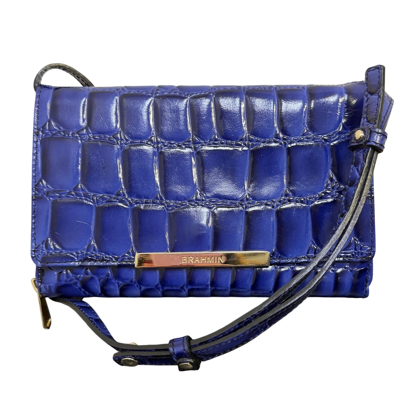Brahmin Croc-Embossed Blue Leather Crossbody Wallet