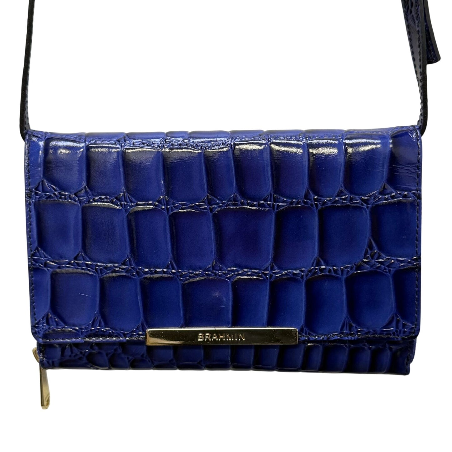 Brahmin Croc-Embossed Blue Leather Crossbody Wallet