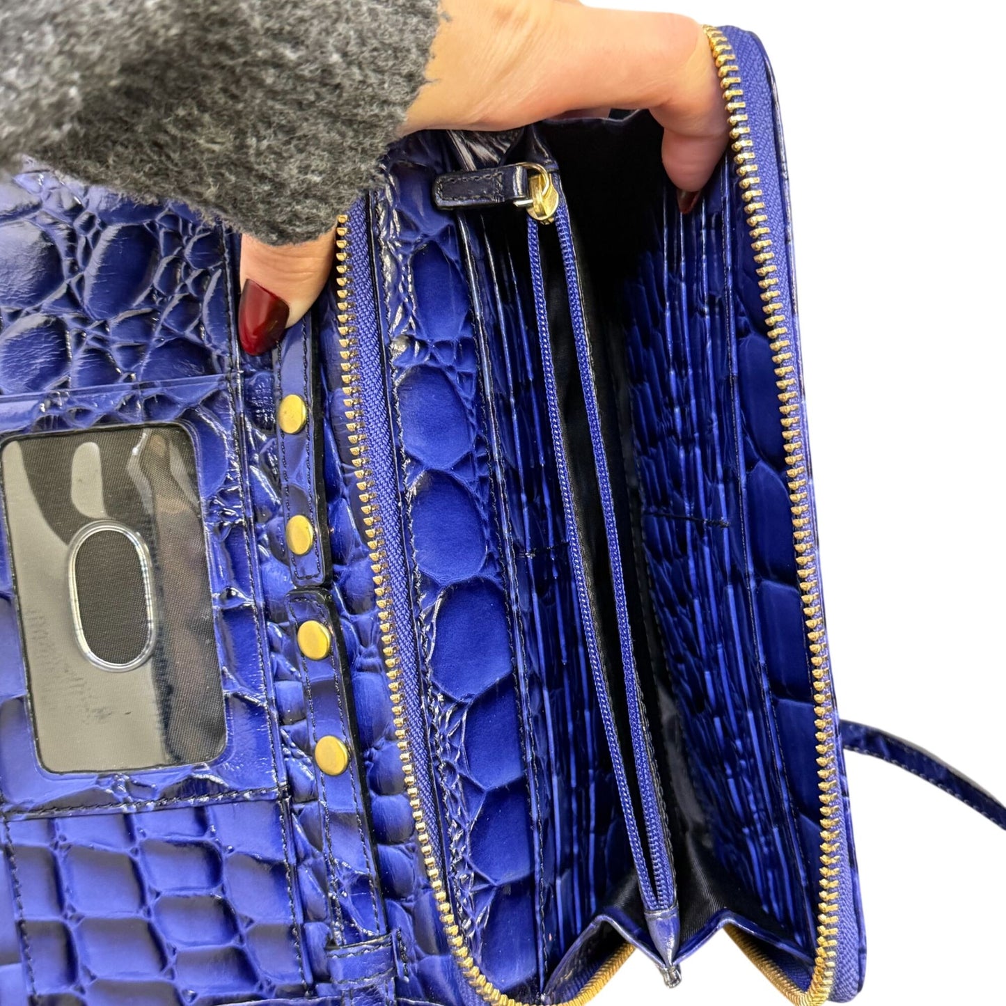 Brahmin Croc-Embossed Blue Leather Crossbody Wallet